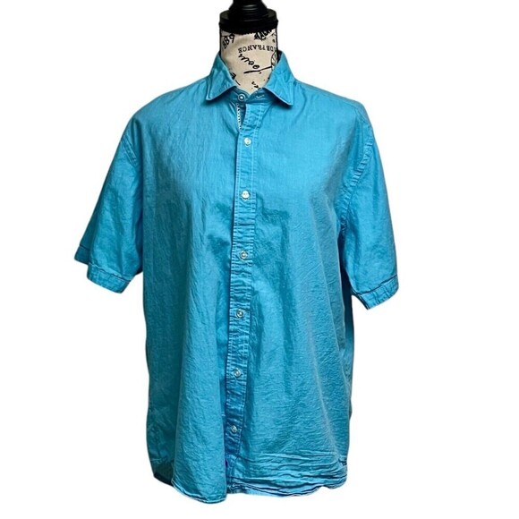 Tailor Byrd  Collection Mens Blue Button Up Short Sleeve Shirt Cotton Beach L - Picture 1 of 9